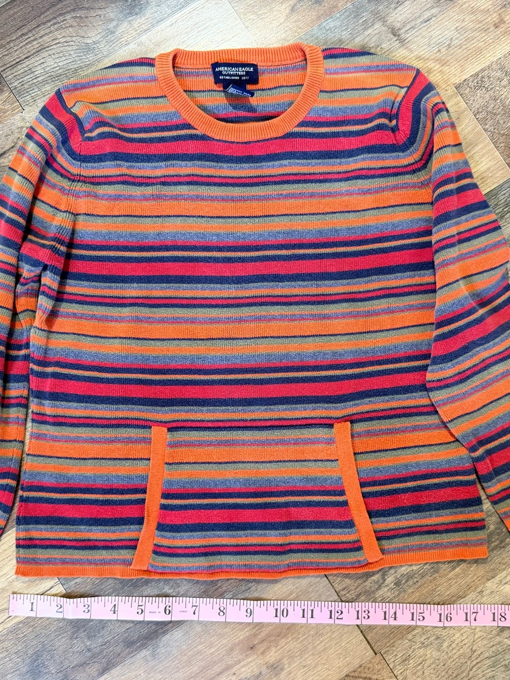 American Eagle Vintage Striped Knit Sweater Orange Blue Crewneck Retro Kangaroo